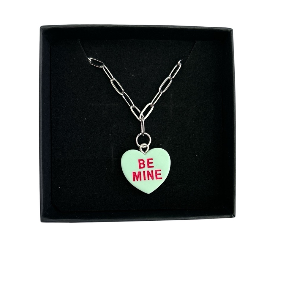 Conversation Hearts Be Mine Mint Green Heart Charm Silver Necklace Chain - Picture 3 of 6